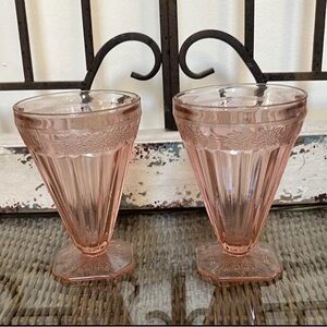 Jeanette Depression Glass Pink Adam Floral 1930’s Set of 2 Ice Cream Glasses